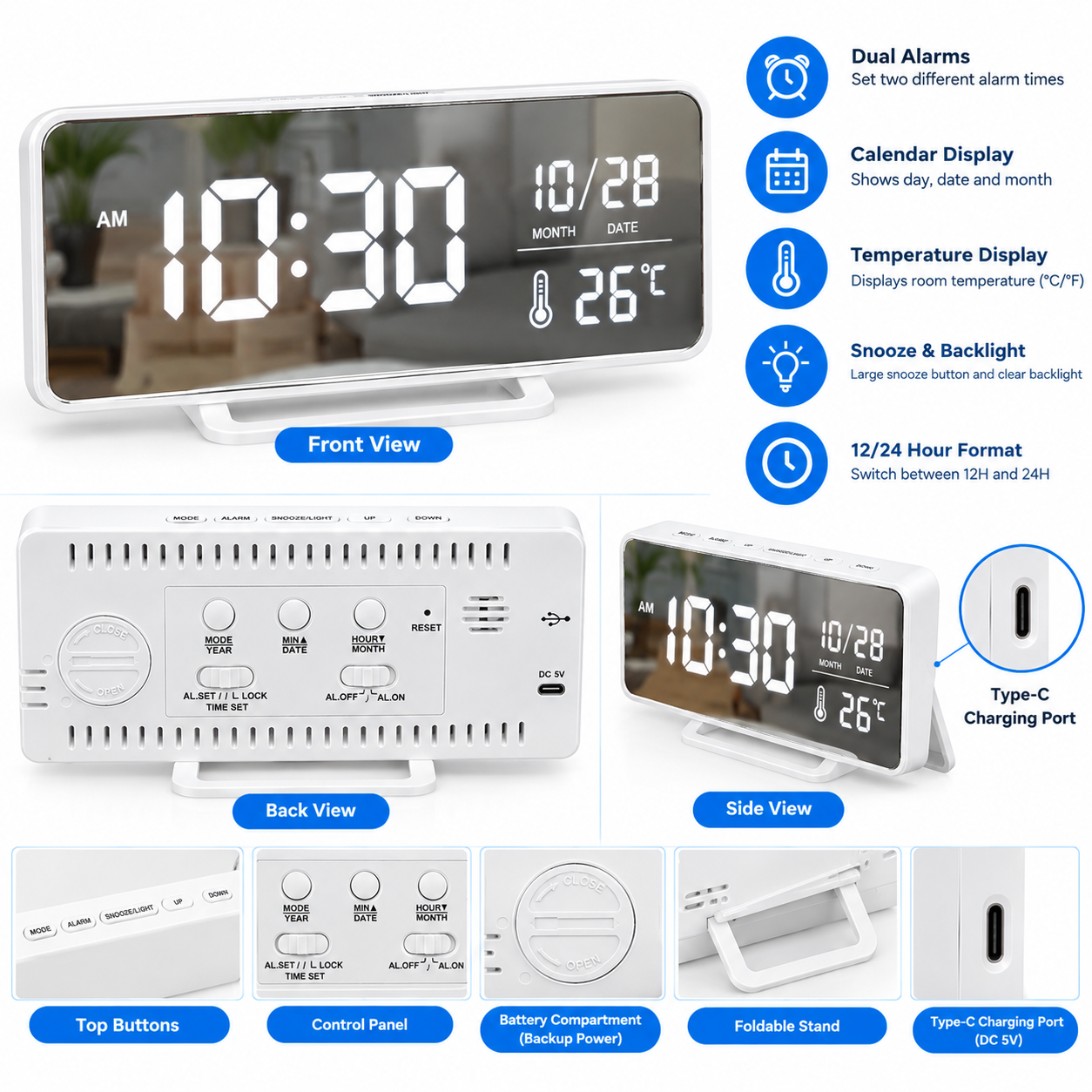 Digital Alarm Clock With Calendar & Temperature Display